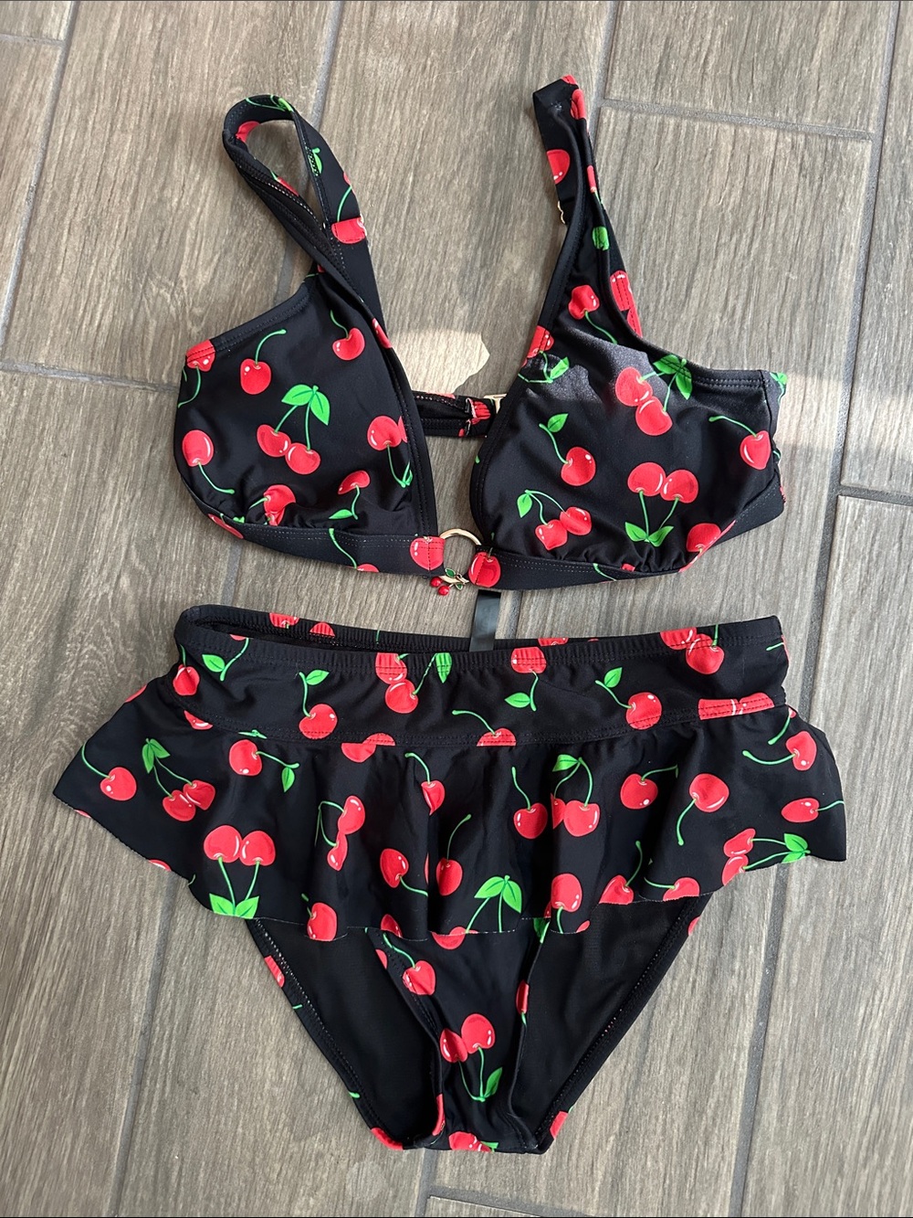 Hot Topic Black Cherry Print Two-Piece Swim Set, size small.